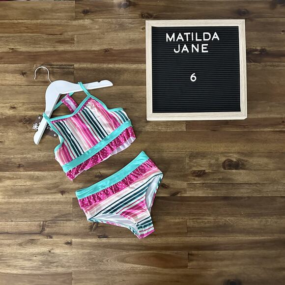 NWT Matilda Jane Enchanted Garden Style Play Pink Green Dot Two-Piece Swimsuit 6 - Picture 1 of 7